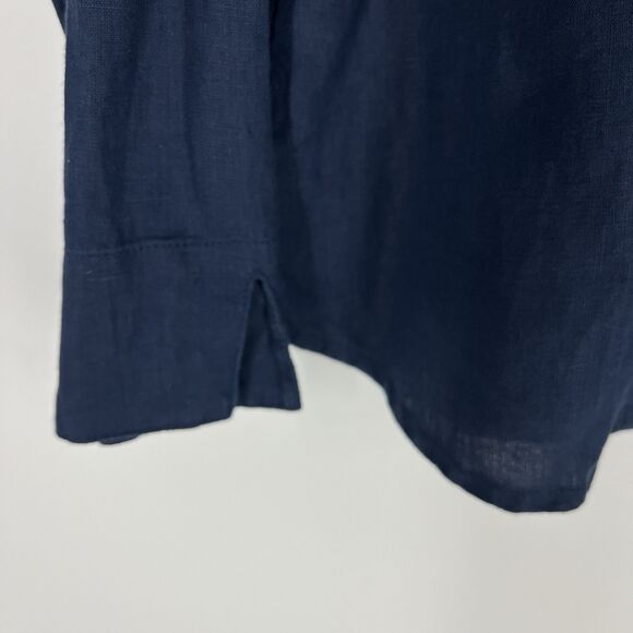 LL Bean Shirt Size Large Petite Womens Navy Linen Button Down Embroidered Top - Picture 7 of 9